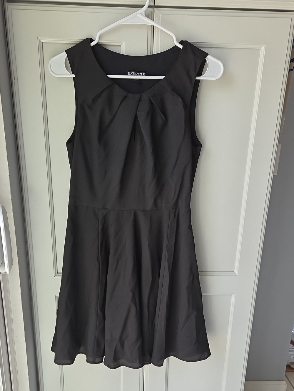 Express Black Sleeveless Fit & Flare Dress with Pleated Neckline